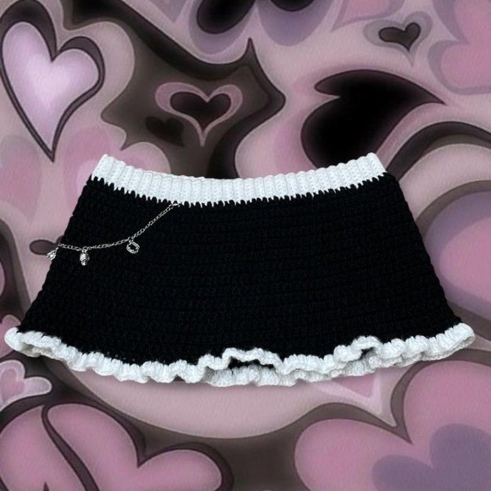 Black and white crochet mini skirt with gothic grunge chain detailing